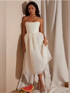 Oh Polly Strapless Ivory Midi Dress